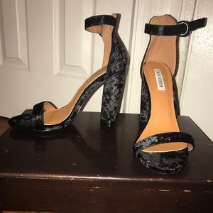 Black faux velvet, ankle strap, chunky heel